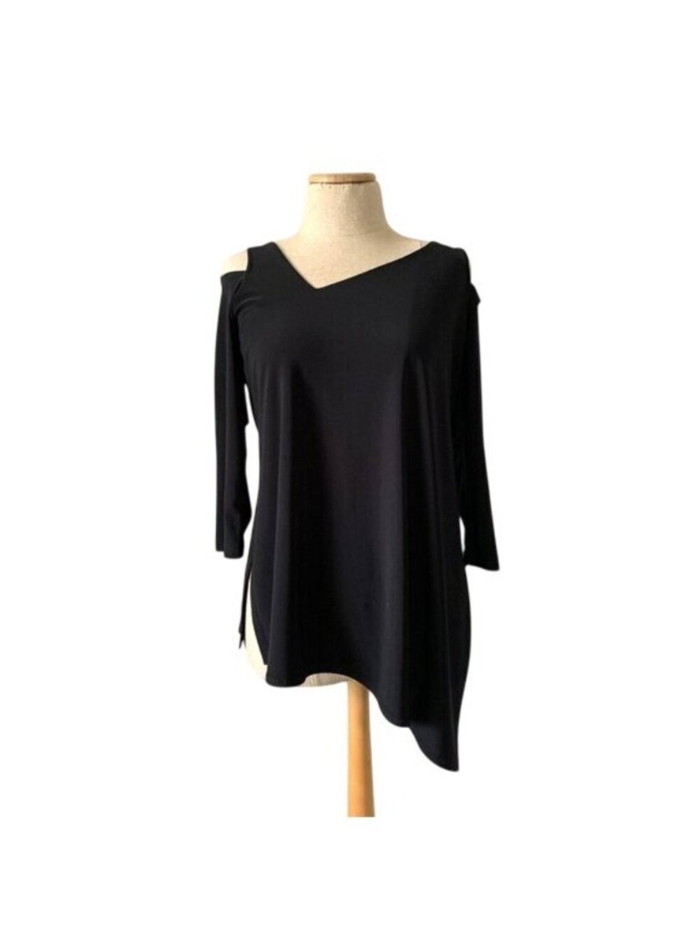 Sympli Womens Sz 8 Black Cold Shoulder Asymmetrical Hem Tunic Top Made In Canada